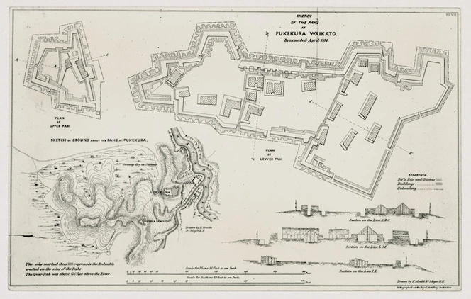 Photograph of plans and sketches of the pas at Pukekura, Waikato, drawn by F Mould and E Brooke of the Royal Engineers