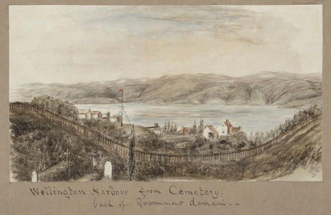 Pearse, John, 1808-1882 :Wellington Harbour from Cemetery, back of Government Domain [Between 1852 and 1856]