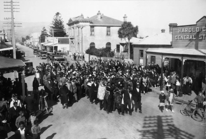 The funeral procession of Hema te Ao passing through the main street of Otaki