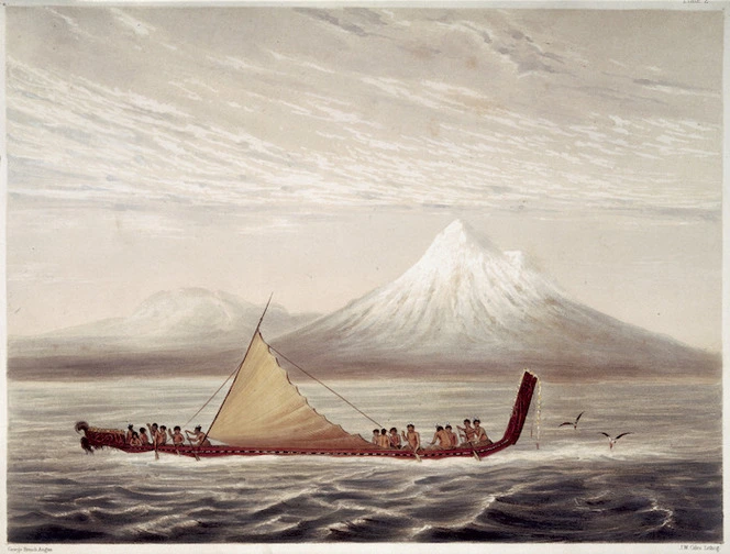 [Angas, George French] 1822-1886 :Taranaki or Mount Egmont. War canoe (early morning). Plate 2 / George French Angas. J W Giles lithog.