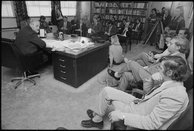 Prime Minister Norman Kirk during a press conference