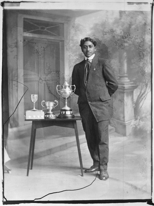 Tenga-o-te-Rangi Te Hore Takarangi and trophies - Photograph taken by Frank J Denton