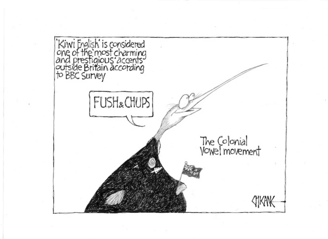 'Kiwi English' is considered one of the 'most charming and prestigious' accents outside Britain according to BBC survey. "Fush & chups". The Colonial vowel movement. 14 October 2009