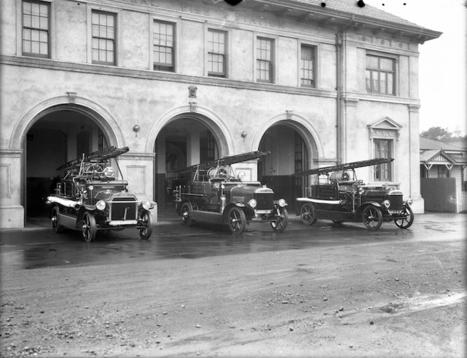 Three fire engines outside the Central Fire Station, Wanganui