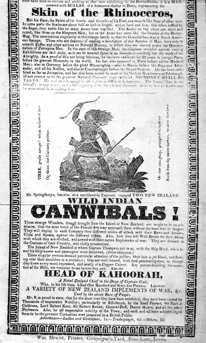 [Artist unknown] :Just arrived, three astonishing wonders to be seen alive; two from the island of New Zealand ... - Leeds ; printed by Wm Hewitt [ca 1825. Lower half of poster]