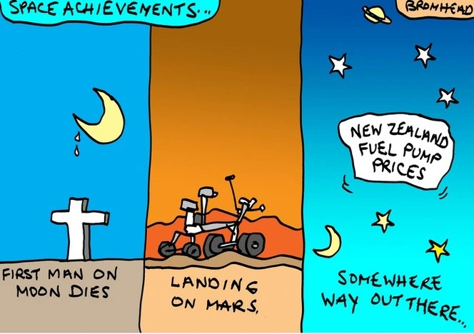 Bromhead, Peter, 1933- :Space achievements... First man on moon dies - Landing on Mars - New Zealand fuel pump prices somewhere way out there... 27 August 2012