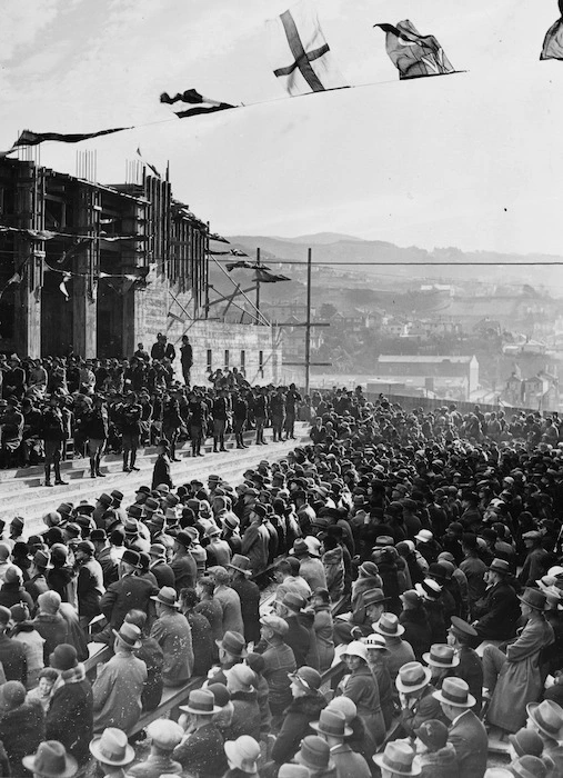 Part 2 of a 2 part panorama taken during the foundation stone ceremony at the Dominion Museum, Wellington