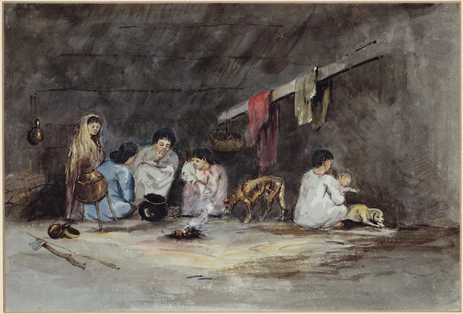 Oliver, Richard Aldworth, 1811-1889 :Interior of a Maori hut at Waiheke Island, Hauraki Gulf. [Between 1847-1851].