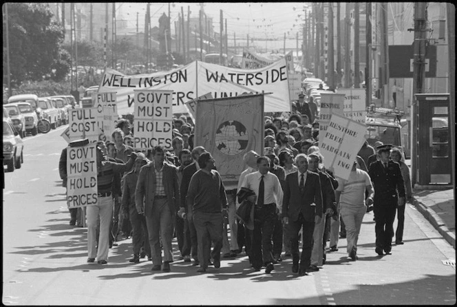 Protest march including Wellington Waterside Workers Union members, Wellington