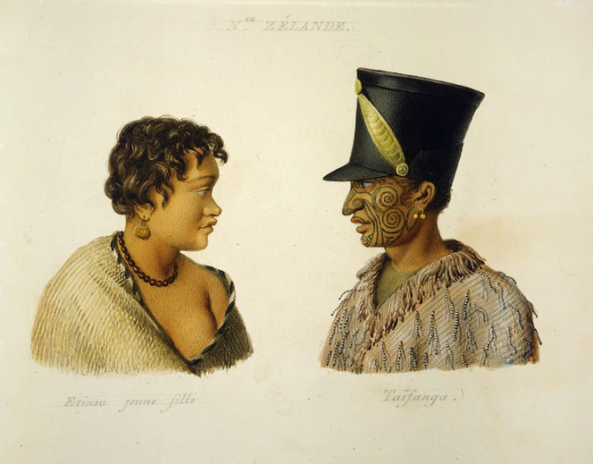 [Lejeune, Jules Louis] fl 1804-1851 :[Habitants de la] N[ouvel]le Zelande. Etinou jeune fille. Taifanga. [Copied 1825 or 1826 by Antoine Chazal from two ink drawings by Jules Louis Lejeune done in April 1824] N[umer]o 46.