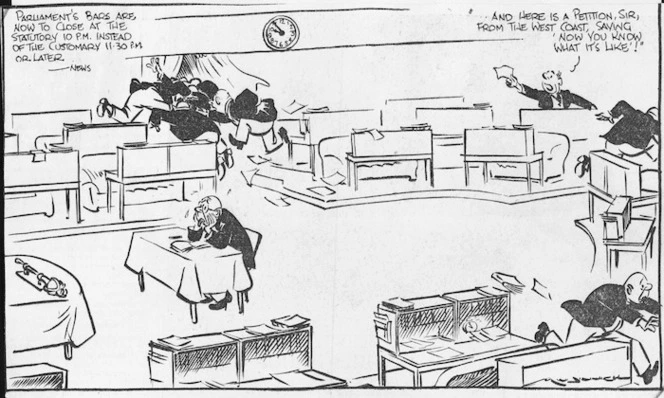 Minhinnick, Gordon, 1905-1995 :Parliament's bars are now to close at the statutory 10 p.m. instead of the customary 11.30 p.m. or later - News. '... And here is a petition, Sir, from the West Coast, saying 'Now you know what it's like!' New Zealand herald, 3 September 1957