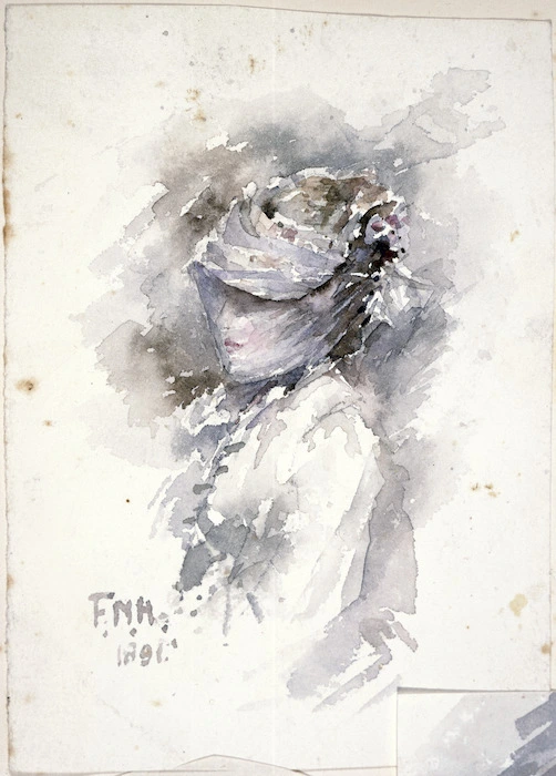 Hodgkins, Frances Mary, 1869-1947 :[Woman with veil] 1891.