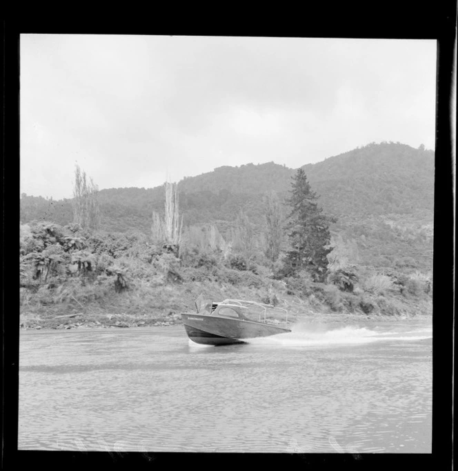 View of the jet boat 'Rangimarie' owned by Cecil Davis, on the Whanganui River
