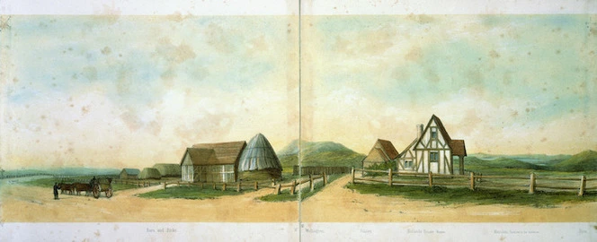 Abraham, Caroline Harriet, 1809-1877 :[Panorama of St John's college, Tamaki, Auckland ... Auckland ; St John's College? 1862?. Part three] Barn and ricks. Mt Wellington. Stables. Holland's house, weaver. Manukau Harbour in the distance. Farm