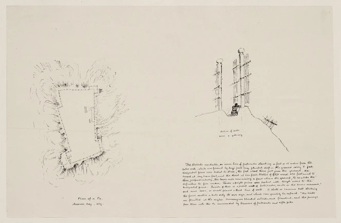 Heaphy, Charles 1820-1881 :[Notes and sketches of Maori fortifications, 1839-1863] Plan of a pa, Massacre Bay. 1839. Section of walls near a gateway. [ca 1864?]