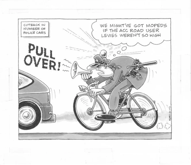 Cutback in numbers of police cars. "PULL OVER!" "We might've got mopeds if the ACC road user levies weren't so high." 31 October 2009