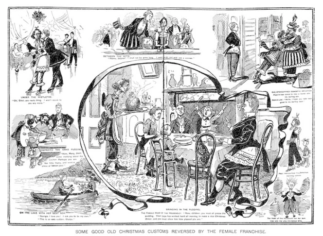 Blomfield, William, 1866-1938 :Some good old Christmas customs reversed by the female franchise. New Zealand Observer and Free Lance, 23 December 1893.