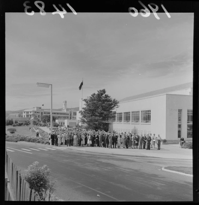 Members of the New Zealand Municipal Association, outside of the War Memorial Public Library, Lower Hutt, Wellington