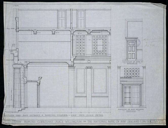 Atkins & Mitchell :New premises at Courtenay Place, Wellington, for the National Bank of New Zealand Limited. Drawing no. 7. September 1927.