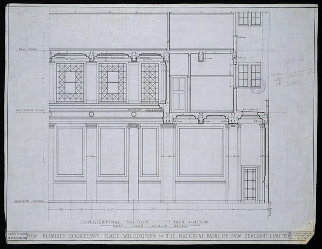 Atkins & Mitchell :New premises at Courtenay Place, Wellington, for the National Bank of New Zealand Limited. Drawing no. 8. September 1927.