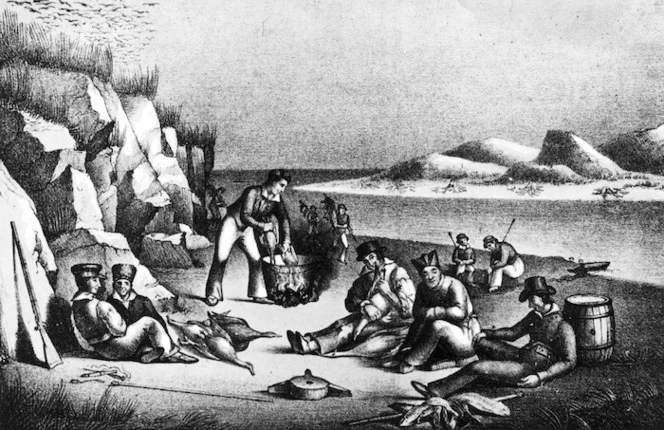 [Fanning, Edmund] :Sealers' encampment at Byers Island, South Seas. New York, Endicott & Sweet lith. 1833.