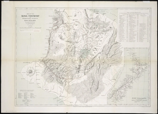 Map of the King Country and neighbouring districts in New Zealand : from explorations made by J.H. Kerry-Nichols, April-May 1883 / E. Weller, lith.