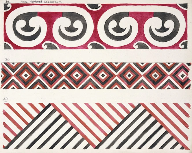 Godber, Albert Percy, 1876-1949 :[Drawings of Maori rafter patterns]. 35. From Menzies Collection; 39 and 40. [1939-1947].