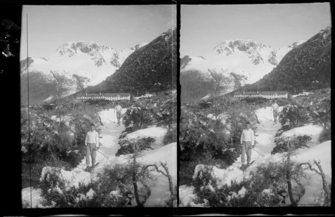 Unidentified skiers leaving The Hermitage, Mount Cook National Park, Canterbury Region