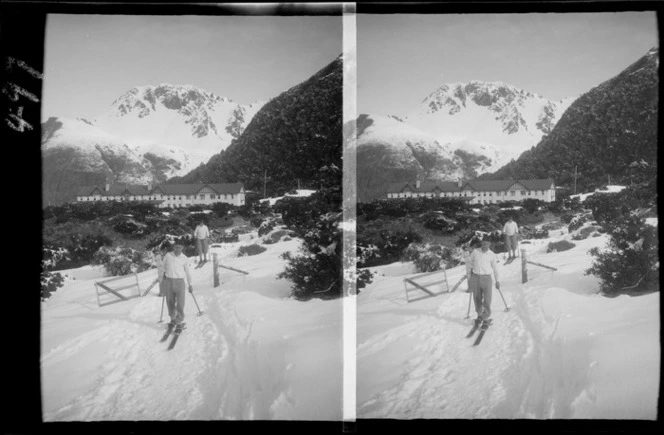 Unidentified skiers leaving The Hermitage, Mount Cook National Park, Canterbury Region