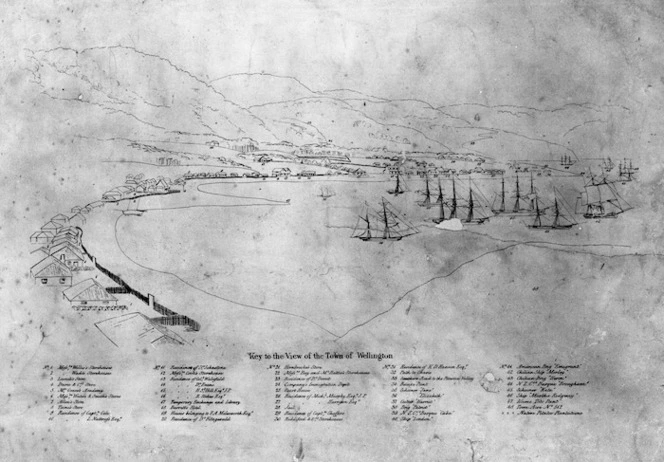 Heaphy, Charles 1820-1881 :Part of Lambton Harbour, in Port Nicholson, New Zealand; comprehending about one third of the water frontage of the town of Wellington, April, 1841. Drawn ... by Chas Heaphy ... T. Allom lith. London, Published for the New Zealand Co[mpany] by Smith Elder & Co. printed by C. Hullmandel [1842. ca 1940?]