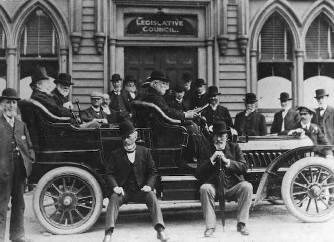 Unidentified group outside the Legislative Council, Parliament Buildings, Wellington