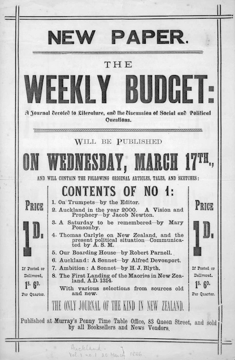 New paper. The Weekly Budget; a journal devoted to literature, and the discussion of social and political questions, will be published on Wednesday, March 17th [1886].