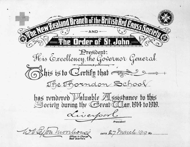 New Zealand Branch of the British Red Cross Society and the Order of St John :Certificate of thanks to Thorndon School for assistance during the Great War, 1914 to 1918