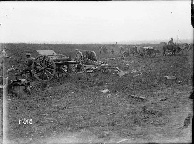 Guns in a captured German battery at Grevillers, France, during World War I