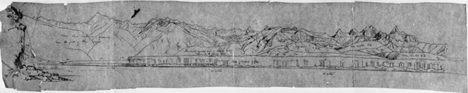 Haast, Johann Franz Julius von, 1822-1887: [Main Divide from Okarito Lagoon with Mt Tasman and Mt Cook]