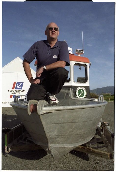 Bruce Heberley outside the Kapiti Volunteer Coastguard headquarters, Paraparaumu Beach - Photograph taken by Phil Reid