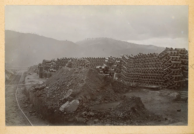 Stacks of clay drain pipes at brick works, Silverstream, Wellington Region, New Zealand
