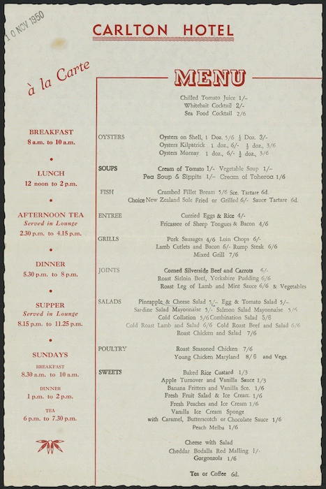 Carlton Hotel (Wellington) :Carlton Hotel a la carte menu. 10 Nov 1950.