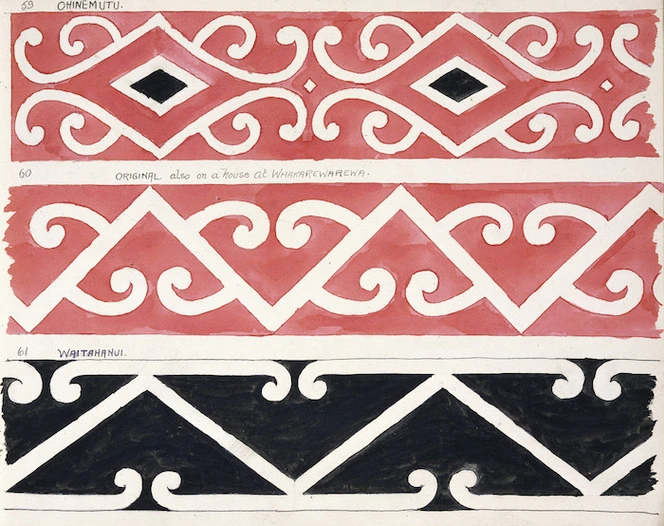 Godber, Albert Percy, 1876-1949 :[Drawings of Maori rafter patterns]. 59. Ohinemutu; 60. Original also on a house at Whakarewarewa; 61. Waitahanui. [1939-1947].