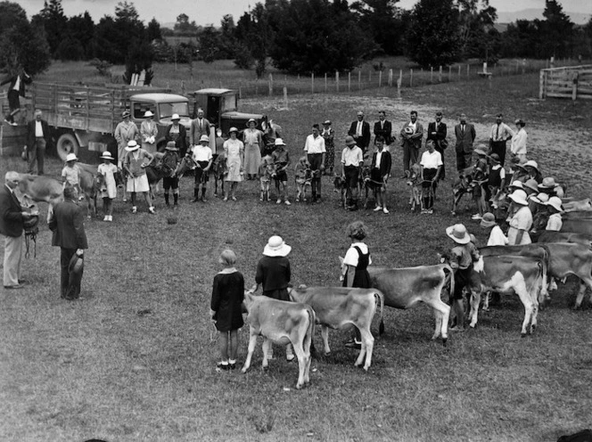 Children competing in the calf club championships and the mayor, Mr Osborne, about to present the trophies, Morrinsville