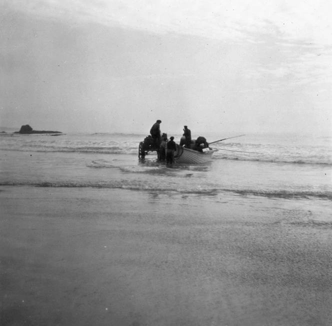 Photograph of supplies being landed at Nugget Point, South Otago