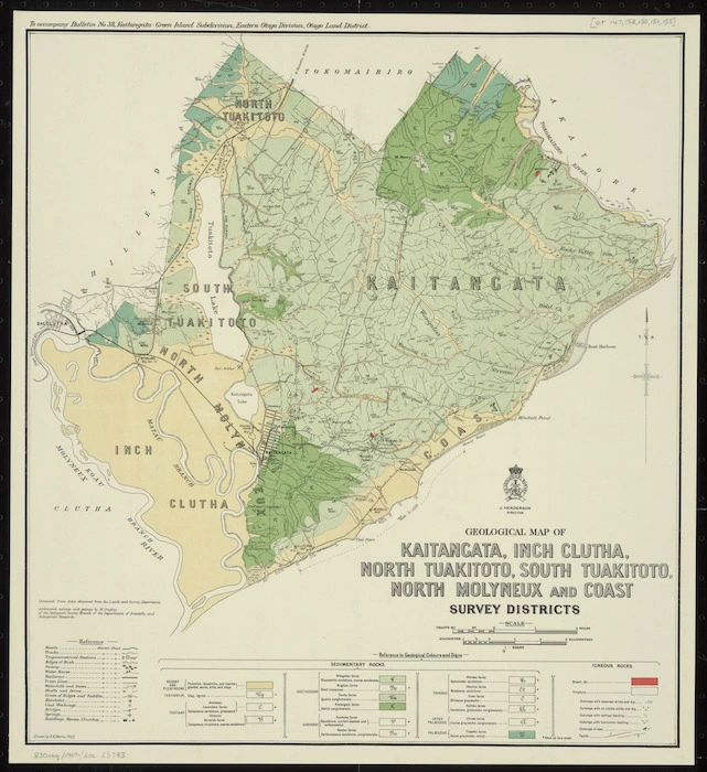 Geological map of Kaitangata, Inch Clutha, North Tuakitoto, South Tuakitoto, North Molyneux and Coast survey districts / drawn by G.E. Harris.