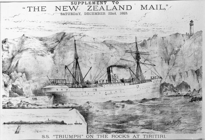 Lissant, Arthur, fl 1883 :SS Triumph on the rocks at Tiritiri 1883