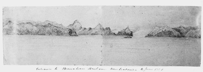 Scrivener, Henry Ambrose, 1842-1906 :Entrance to Manakau [sic] Harbour, New Zealand, 4 June 1861. 1861.