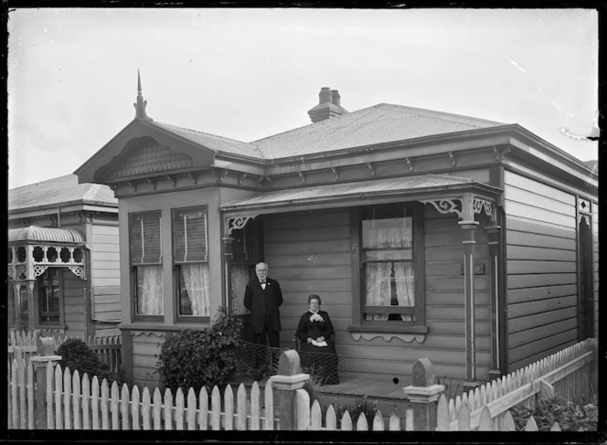 Charles and Mary Ann Godber on the verandah of their house at 168 Clyde Street, Island Bay.