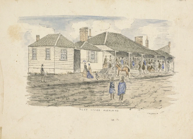 Chapman, George Thompson, 1824-1881 :Post Office, Auckland. Chapman lith. [Auckland, 1861?]