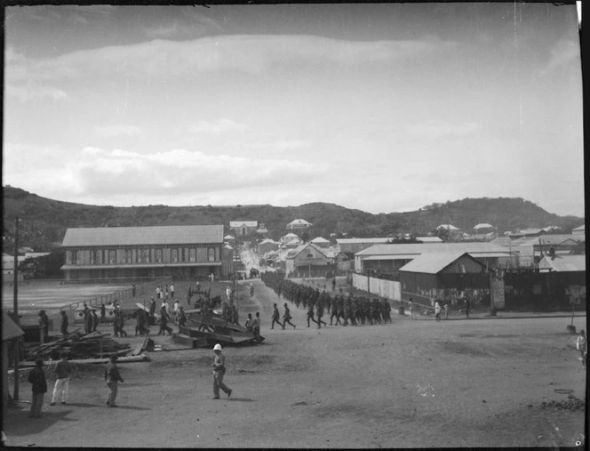 New Zealand troops marching in Apia, Western Samoa, during World War 1