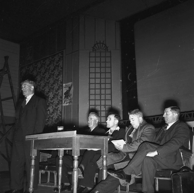 Coal mining union leaders addressing a meeting at Denniston