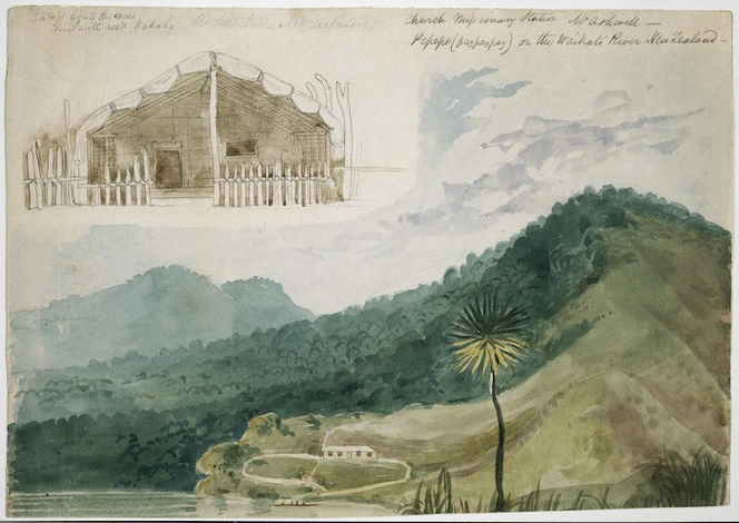 [Ashworth, Edward] 1814-1896 :[Church Missionary Station, Mr Ashwell-Pepepe (paypaypay) on the Waikato River New Zealand. [1843] Architecture New Zealandic, 3 or 4 feet high to the eaves.