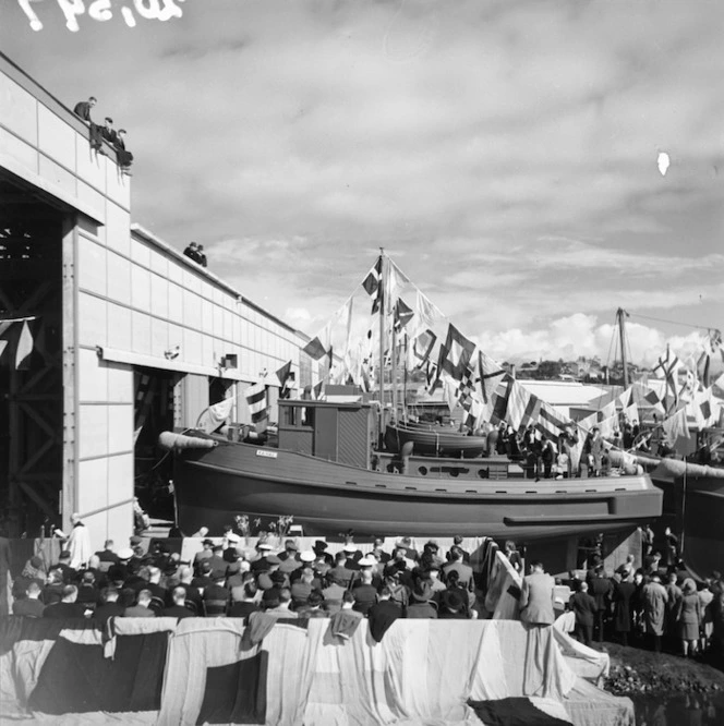 Official launching ceremony for eight motor tow-boats built in Auckland for United States armed forces